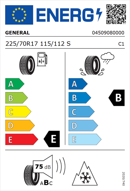 Tyre Label for General Grabber AT 3 225/70R17 115/112S
