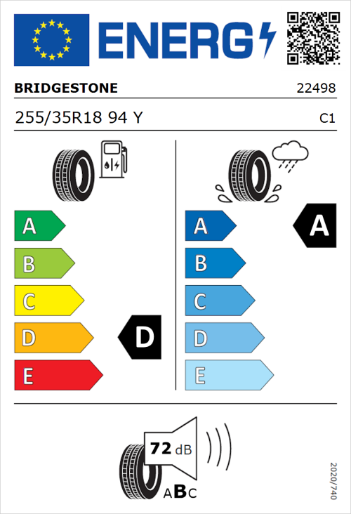 Tyre Label for Bridgestone Potenza Sport 255/35R18 94Y