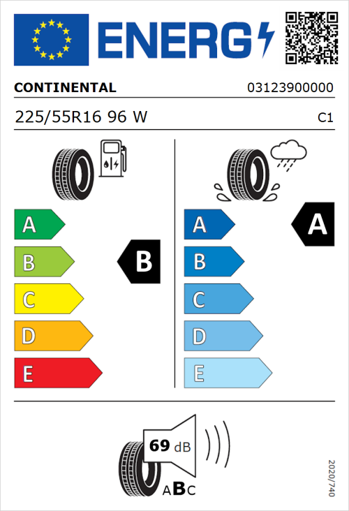 Tyre Label for Continental UltraContact 225/55R16 96W
