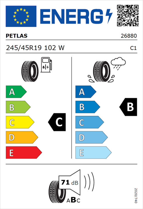Tyre Label for Petlas Velox Sport PT741 245/45R19 102W