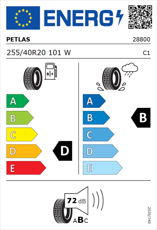 Tyre Label for Petlas Velox Sport PT741 255/40R20 101W