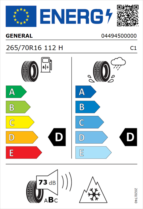 Tyre Label for General Grabber AT 3 265/70R16 112H