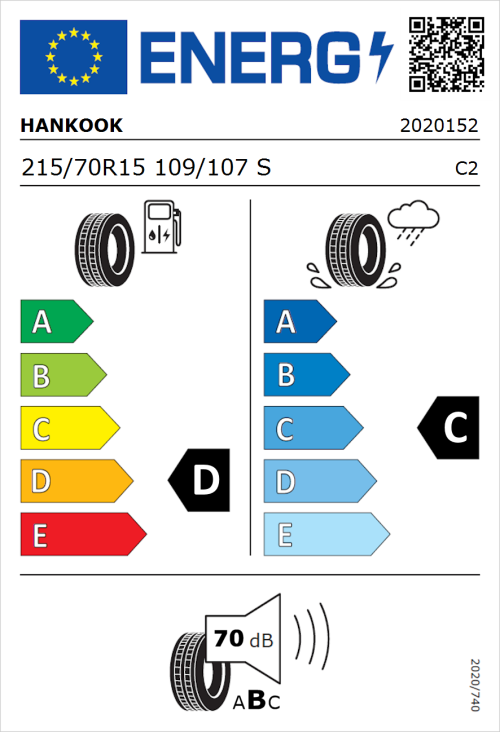 Tyre Label for Hankook Vantra LT RA18 215/70R15 109/107S