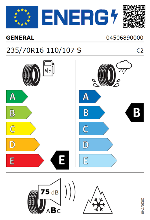 Tyre Label for General Grabber AT 3 235/70R16 110/107S